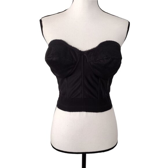 Vintage 1980s Black Lace & Satin Bullet Cup Strapless Corset Bustier 38B - Picture 1 of 11